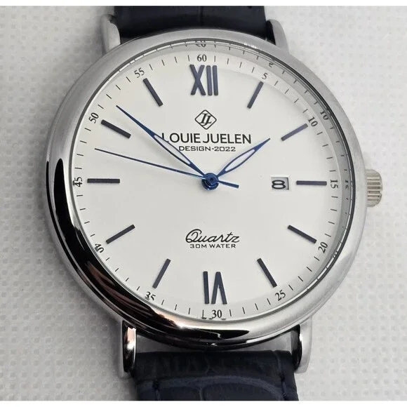 Man's Classic Luxury Round Date Silver Tone Case Blue Leather Strap Watch 13 - Picture 6 of 8